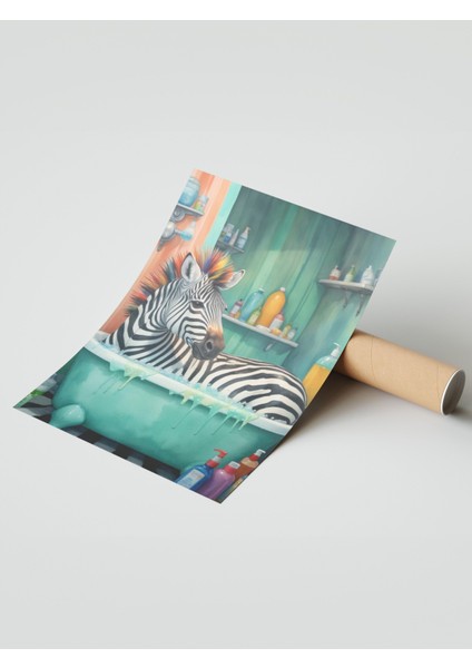 Çerçevesiz Poster, Küvette Zebra – Mizahi Safari Kompozisyonu, Banyo Dekoru Poster No: 109907 modelleri
