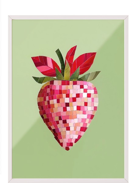 Beyaz Çerçeveli Tablo, Pembe Kalpli Çilek Minimal Illüstrasyonu, Mutfak Dekoru Poster No: 110062
