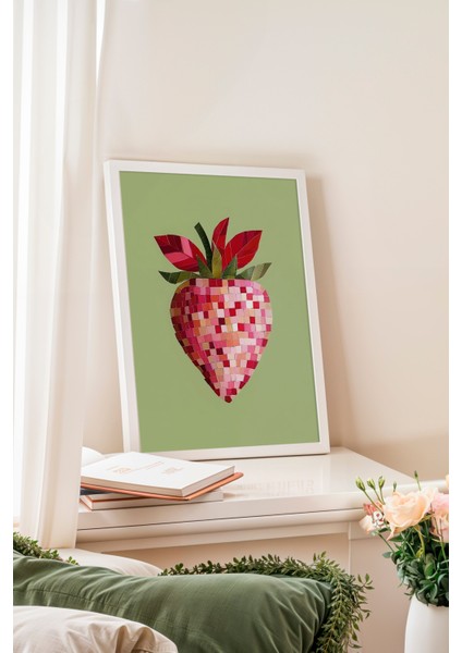 Beyaz Çerçeveli Tablo, Pembe Kalpli Çilek Minimal Illüstrasyonu, Mutfak Dekoru Poster No: 110062 fiyatları