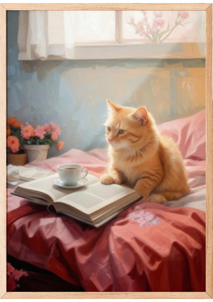 Ahşap Çerçeveli Tablo, Pencereden Bakan Kedi – Sıcak Ev Sahnesi, Ofis Dekoru Poster No: 110028