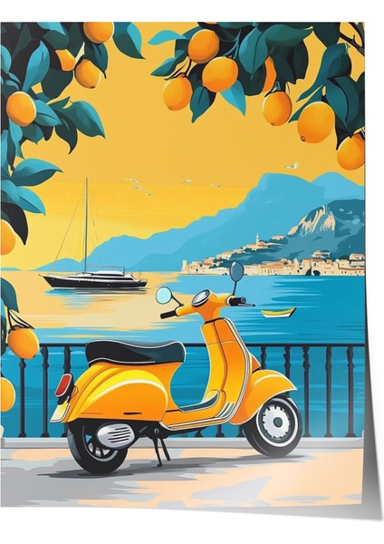Çerçevesiz Poster, Sarı Scooter ile Sahil Yolu, Genç Odası Dekoru Poster No: 110855