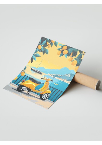 Çerçevesiz Poster, Sarı Scooter ile Sahil Yolu, Genç Odası Dekoru Poster No: 110855 modelleri