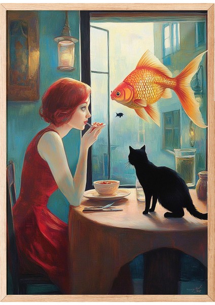 Ahşap Çerçeveli Tablo, Karanlıkta Kedi ve Şarap Kadehi, Ofis Dekoru Poster No: 110162