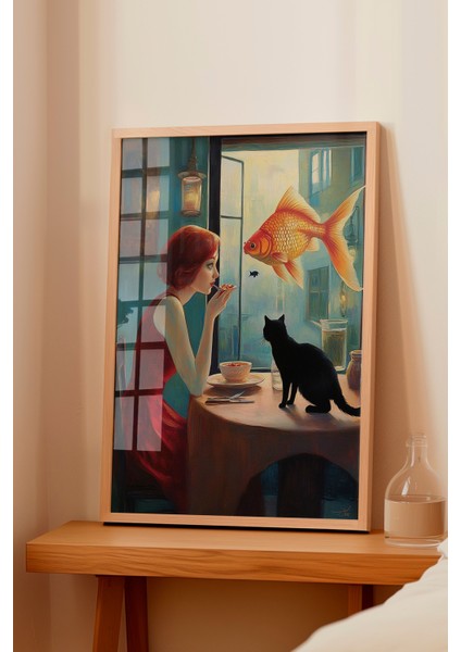 Ahşap Çerçeveli Tablo, Karanlıkta Kedi ve Şarap Kadehi, Ofis Dekoru Poster No: 110162 fiyatları