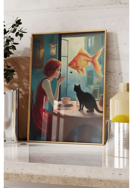 Ahşap Çerçeveli Tablo, Karanlıkta Kedi ve Şarap Kadehi, Ofis Dekoru Poster No: 110162 fırsatları