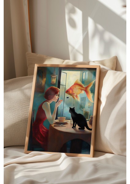 Ahşap Çerçeveli Tablo, Karanlıkta Kedi ve Şarap Kadehi, Ofis Dekoru Poster No: 110162 indirimleri
