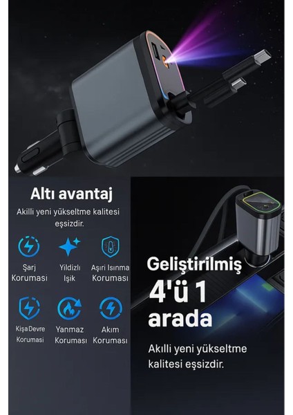 66 W 4 In 1 Rgb Işıklı Tavan Aydınlatmalı Type C + Lightning Kablolu Araç Hızlı Şarj Cihazı modelleri