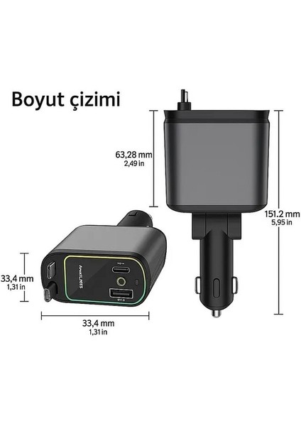 66 W 4 In 1 Rgb Işıklı Tavan Aydınlatmalı Type C + Lightning Kablolu Araç Hızlı Şarj Cihazı indirimleri