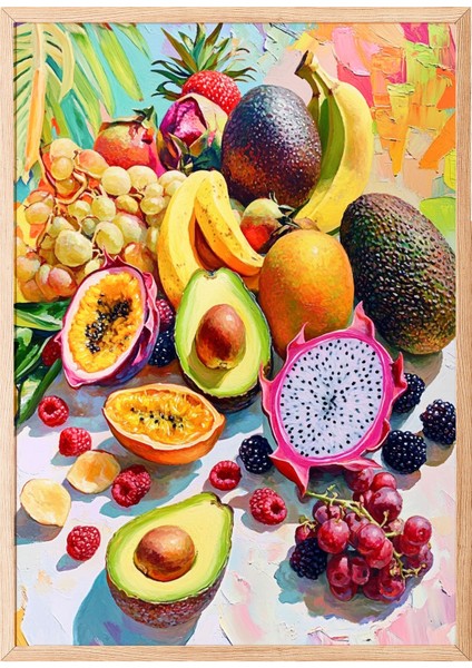 Ahşap Çerçeveli Tablo, Tropikal Meyve Dilimleri Üstten Görünüm, Mutfak Dekoru Poster No: 110127