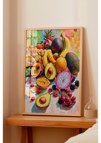 Ahşap Çerçeveli Tablo, Tropikal Meyve Dilimleri Üstten Görünüm, Mutfak Dekoru Poster No: 110127 fiyatları