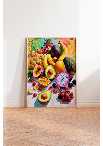 Ahşap Çerçeveli Tablo, Tropikal Meyve Dilimleri Üstten Görünüm, Mutfak Dekoru Poster No: 110127 modelleri