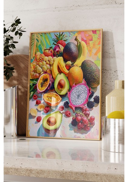 Ahşap Çerçeveli Tablo, Tropikal Meyve Dilimleri Üstten Görünüm, Mutfak Dekoru Poster No: 110127 fırsatları
