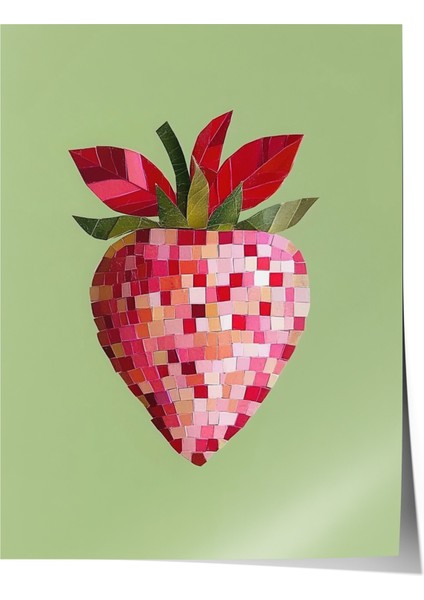 Çerçevesiz Poster, Pembe Kalpli Çilek Minimal Illüstrasyonu, Mutfak Dekoru Poster No: 110062