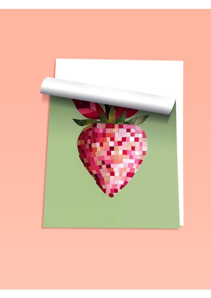 Çerçevesiz Poster, Pembe Kalpli Çilek Minimal Illüstrasyonu, Mutfak Dekoru Poster No: 110062 fiyatları