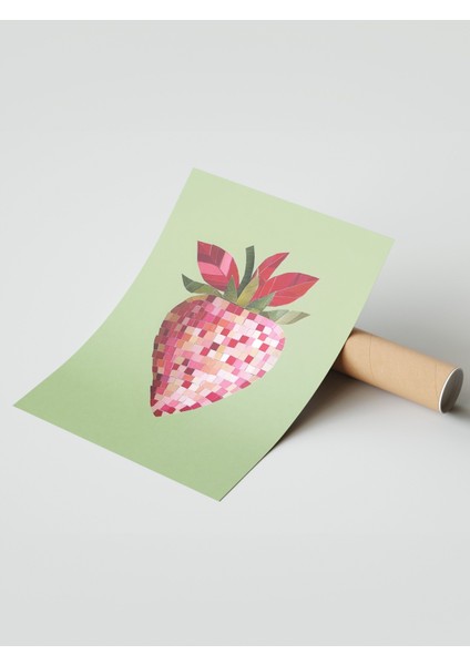 Çerçevesiz Poster, Pembe Kalpli Çilek Minimal Illüstrasyonu, Mutfak Dekoru Poster No: 110062 modelleri