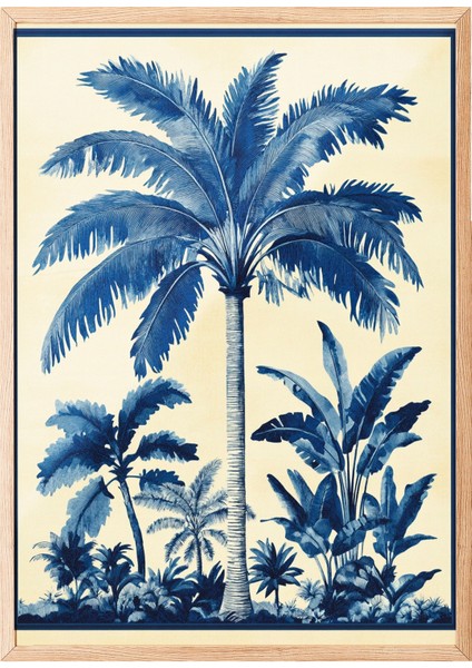 Ahşap Çerçeveli Tablo, Mavi Beyaz Palmiye Illüstrasyonu, Salon Dekoru Poster No: 110757