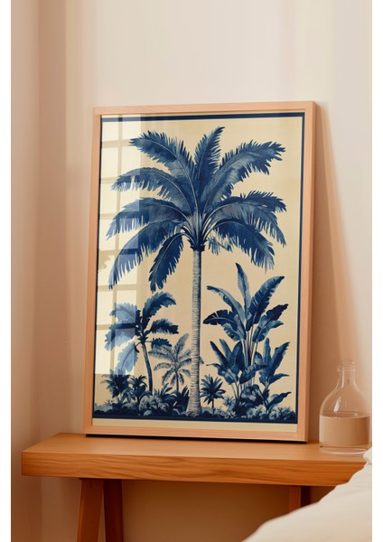 Ahşap Çerçeveli Tablo, Mavi Beyaz Palmiye Illüstrasyonu, Salon Dekoru Poster No: 110757 fiyatları