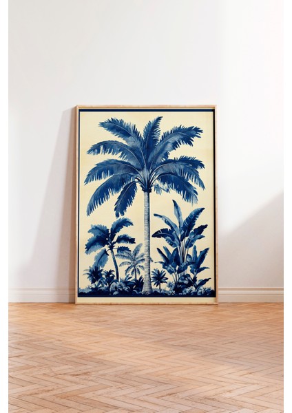 Ahşap Çerçeveli Tablo, Mavi Beyaz Palmiye Illüstrasyonu, Salon Dekoru Poster No: 110757 modelleri