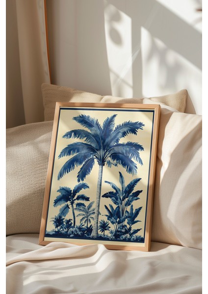 Ahşap Çerçeveli Tablo, Mavi Beyaz Palmiye Illüstrasyonu, Salon Dekoru Poster No: 110757 indirimleri