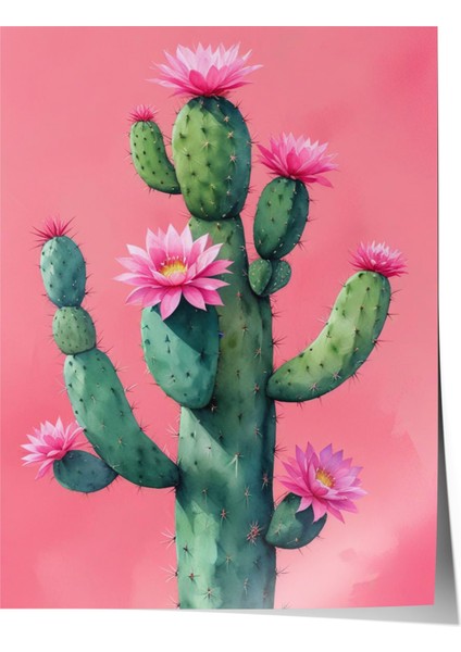 Çerçevesiz Poster, Pembe Kaktüs Minimal Illüstrasyon, Salon Dekoru Poster No: 109781