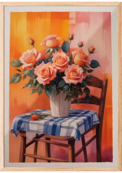 Ahşap Çerçeveli Tablo, Pastel Vazo ve Çiçekler – Natürmort, Mutfak Dekoru Poster No: 109802