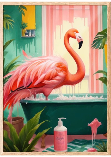 Ahşap Çerçeveli Tablo, Flamingo ve Havuz – Tropikal Illüstrasyon, Banyo Dekoru Poster No: 109904