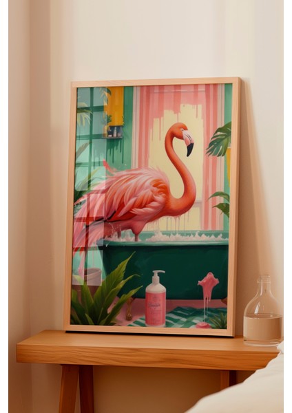 Ahşap Çerçeveli Tablo, Flamingo ve Havuz – Tropikal Illüstrasyon, Banyo Dekoru Poster No: 109904 fiyatları