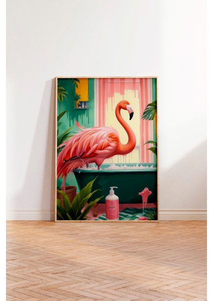 Ahşap Çerçeveli Tablo, Flamingo ve Havuz – Tropikal Illüstrasyon, Banyo Dekoru Poster No: 109904 modelleri