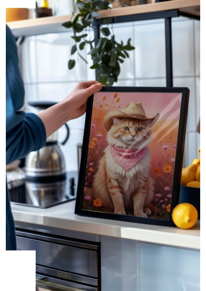 Siyah Çerçeveli Tablo, Pofuduk Kedi – Sevimli Illüstrasyon, Yatak Odası Dekoru Poster No: 110022 modelleri