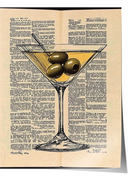 Çerçevesiz Poster, Martini Kadehi ve Zeytin – Retro Çizim, Mutfak Dekoru Poster No: 111003