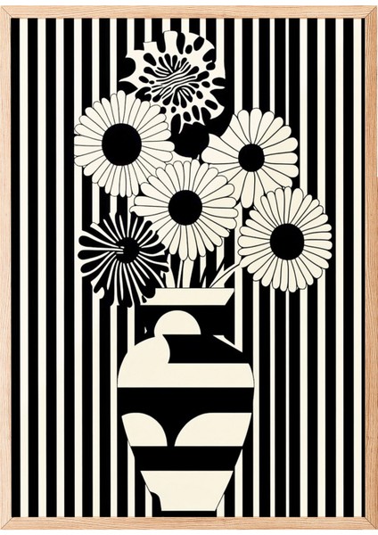 Ahşap Çerçeveli Tablo, Siyah Beyaz Vazo ve Çiçek Deseni, Salon Dekoru Poster No: 111130