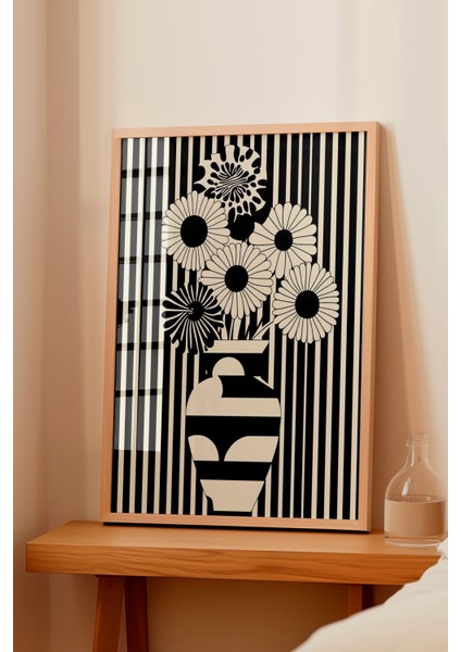 Ahşap Çerçeveli Tablo, Siyah Beyaz Vazo ve Çiçek Deseni, Salon Dekoru Poster No: 111130 fiyatları