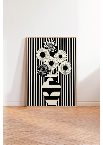 Ahşap Çerçeveli Tablo, Siyah Beyaz Vazo ve Çiçek Deseni, Salon Dekoru Poster No: 111130 modelleri
