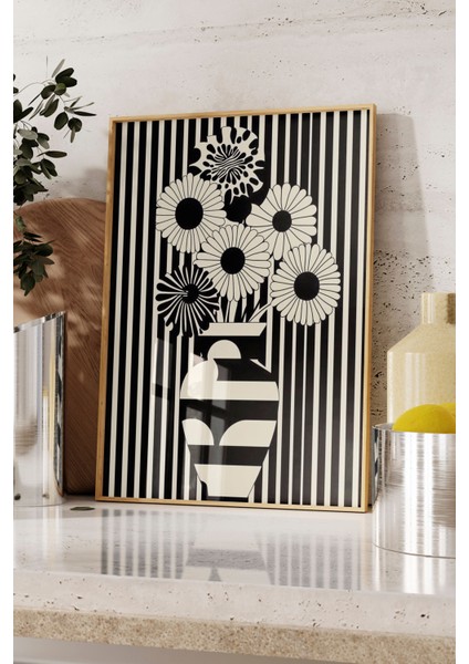 Ahşap Çerçeveli Tablo, Siyah Beyaz Vazo ve Çiçek Deseni, Salon Dekoru Poster No: 111130 fırsatları