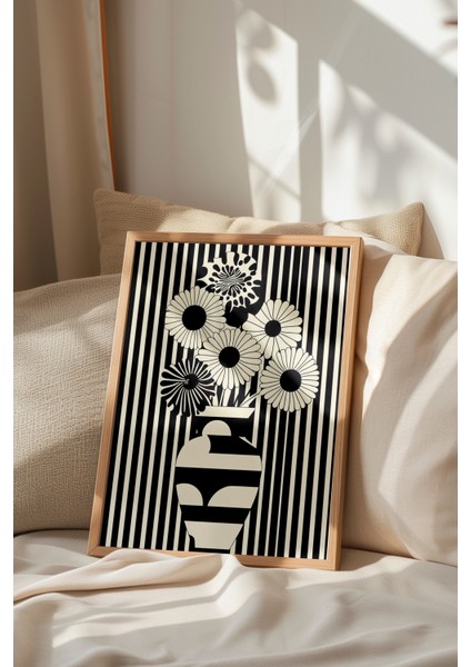 Ahşap Çerçeveli Tablo, Siyah Beyaz Vazo ve Çiçek Deseni, Salon Dekoru Poster No: 111130 indirimleri