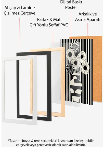 Ahşap Çerçeveli Tablo, Siyah Beyaz Vazo ve Çiçek Deseni, Salon Dekoru Poster No: 111130