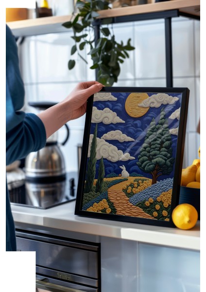 Siyah Çerçeveli Tablo, Gün Batımında Kır Evleri ve Tarlalar, Salon Dekoru Poster No: 110829 modelleri