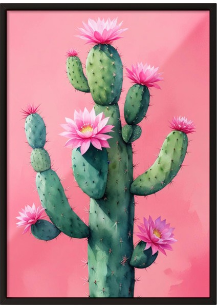Siyah Çerçeveli Tablo, Pembe Kaktüs Minimal Illüstrasyon, Salon Dekoru Poster No: 109781