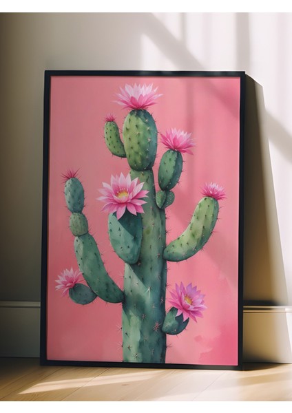 Siyah Çerçeveli Tablo, Pembe Kaktüs Minimal Illüstrasyon, Salon Dekoru Poster No: 109781 fiyatları