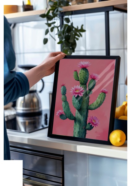Siyah Çerçeveli Tablo, Pembe Kaktüs Minimal Illüstrasyon, Salon Dekoru Poster No: 109781 modelleri