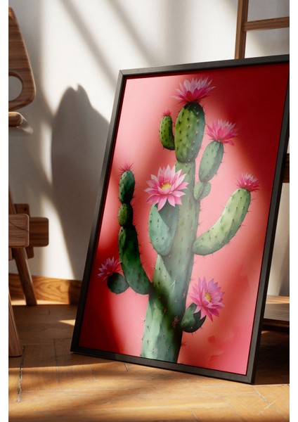 Siyah Çerçeveli Tablo, Pembe Kaktüs Minimal Illüstrasyon, Salon Dekoru Poster No: 109781 fırsatları