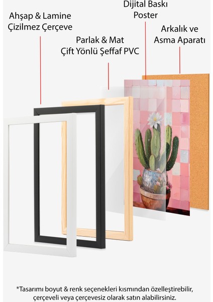 Siyah Çerçeveli Tablo, Pembe Kareli Arka Planda Kaktüs – Minimal, Ofis Dekoru Poster No: 110011