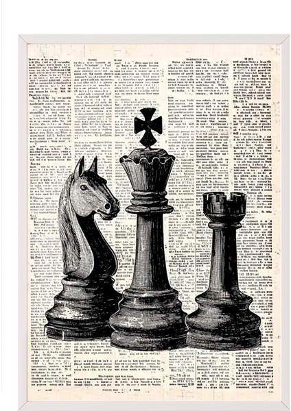 Beyaz Çerçeveli Tablo, Satranç Taşları ve Gazete Sayfası, Ofis Dekoru Poster No: 111039