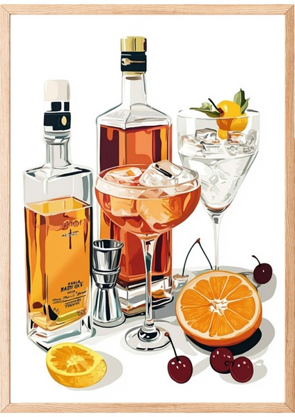 Ahşap Çerçeveli Tablo, Alkollü Içecekler ve Kokteyl Malzemeleri, Mutfak Dekoru Poster No: 110206