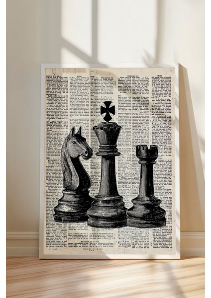 Beyaz Çerçeveli Tablo, Satranç Taşları ve Gazete Sayfası, Ofis Dekoru Poster No: 111039 modelleri