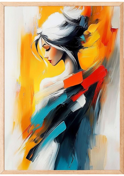 Ahşap Çerçeveli Tablo, Renkli Fırça Darbeleri ile Kadın Portresi, Ofis Dekoru Poster No: 111094