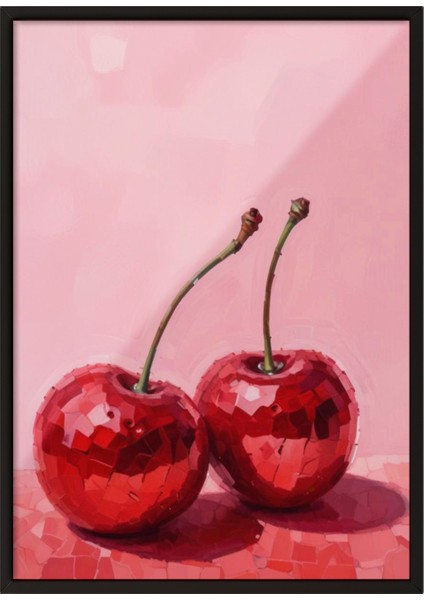 Siyah Çerçeveli Tablo, Kırmızı Kiraz Minimal Illüstrasyonu, Mutfak Dekoru Poster No: 110025