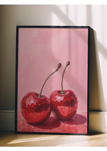 Siyah Çerçeveli Tablo, Kırmızı Kiraz Minimal Illüstrasyonu, Mutfak Dekoru Poster No: 110025 fiyatları