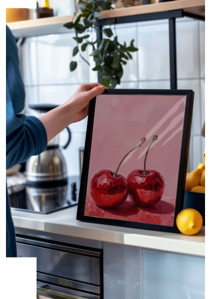 Siyah Çerçeveli Tablo, Kırmızı Kiraz Minimal Illüstrasyonu, Mutfak Dekoru Poster No: 110025 modelleri