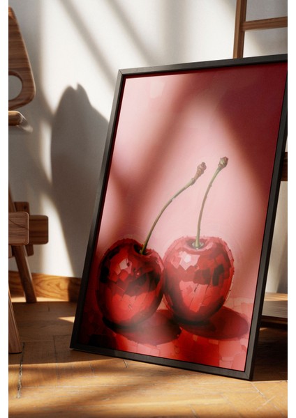 Siyah Çerçeveli Tablo, Kırmızı Kiraz Minimal Illüstrasyonu, Mutfak Dekoru Poster No: 110025 fırsatları